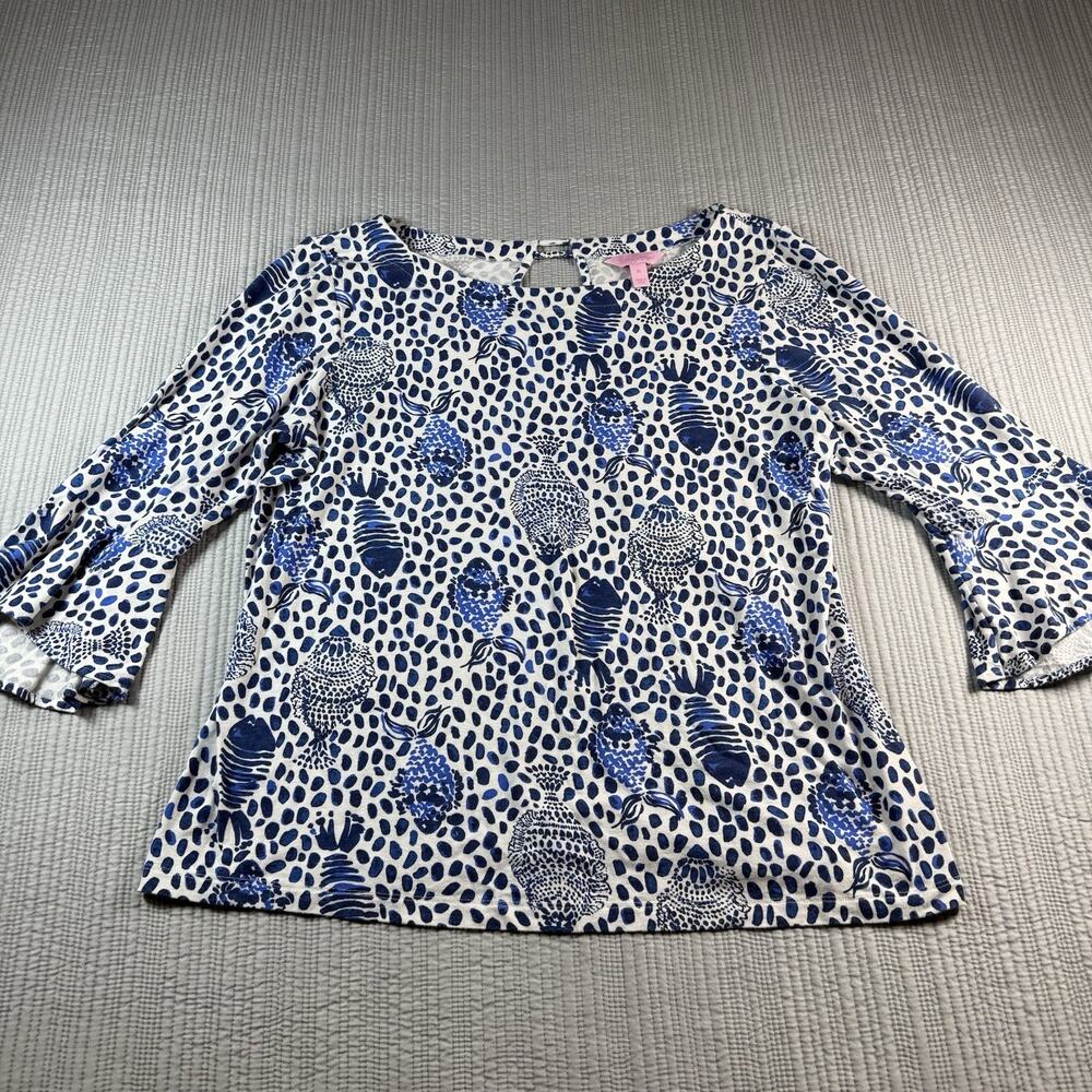 Lilly Pulitzer Fontaine Top Blue White Heart Sole Fish Print Women’s Xl Coastal